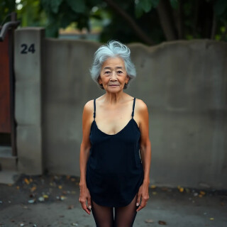Mature auntie with a black camisole and silk stockings